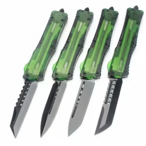 switchblade mes OTF met transparant amberkleurig handvat