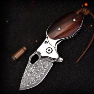 Damascus mes – Mini Opvouwbaar Sleutelhanger Mes met Palissander Handvat