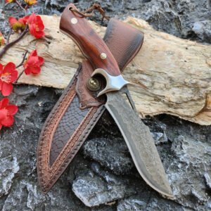 Damascus mes – Vast Drop Point Jachtmes met Houten Handvat