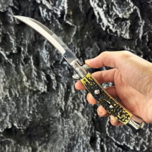 Stiletto mes – 9 inch Gebogen Lemmet met Kunstbeen Handvat